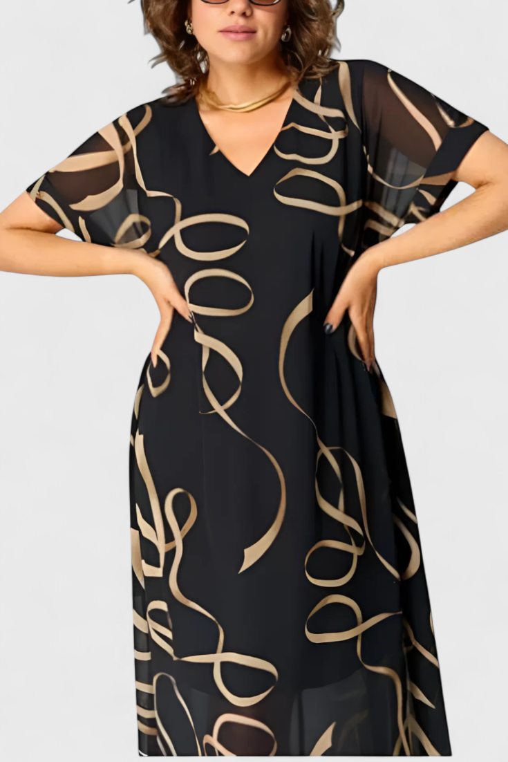 Allegra Vestido Negro con Estampado Abstracto en Oro y Escote en V