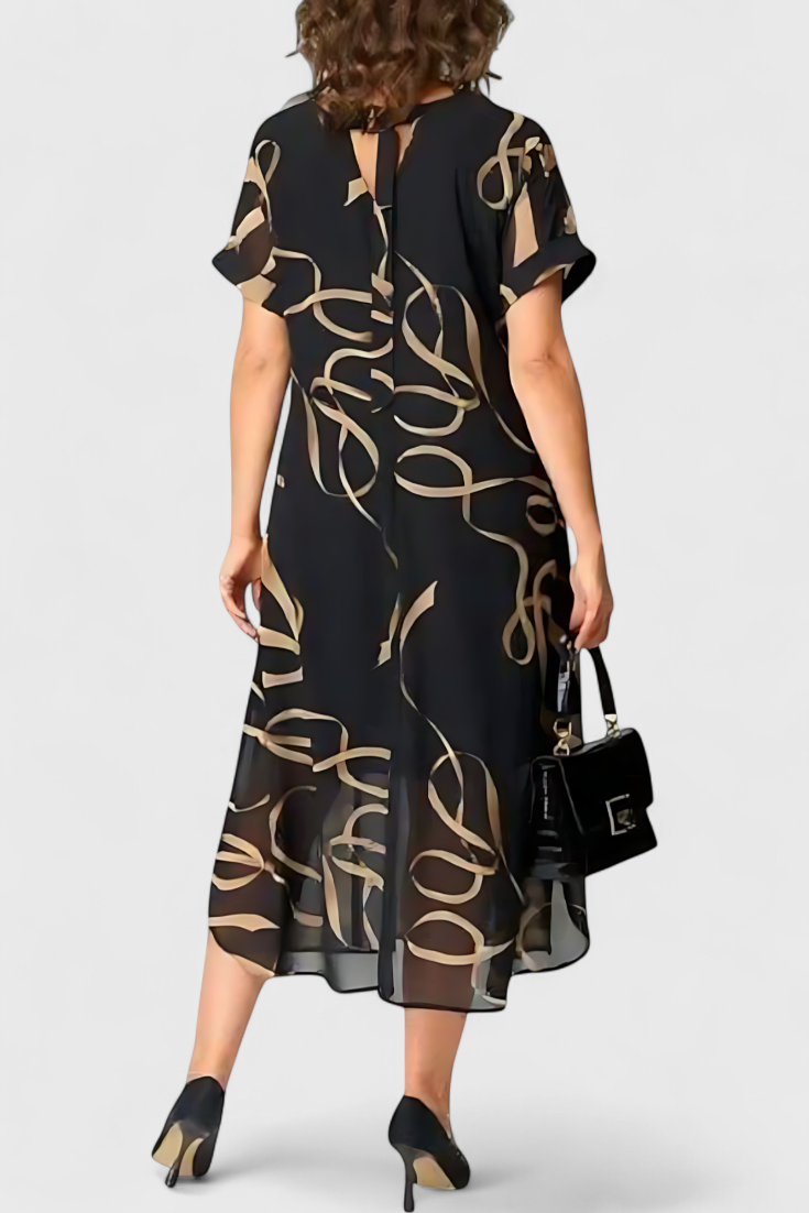 Allegra Vestido Negro con Estampado Abstracto en Oro y Escote en V
