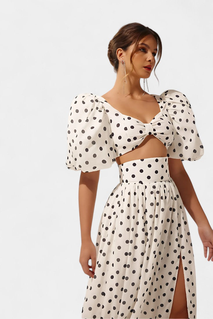 Sherine Conjunto de Falda y Top de Lunares con Mangas Abullonadas
