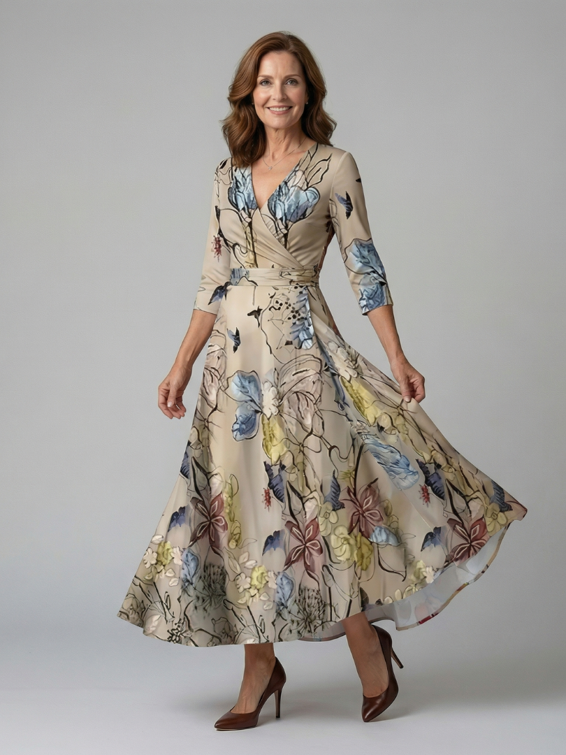 Celeste™ | Vestido Midi Floral con Escote Cruzado y Manga Tres Cuartos