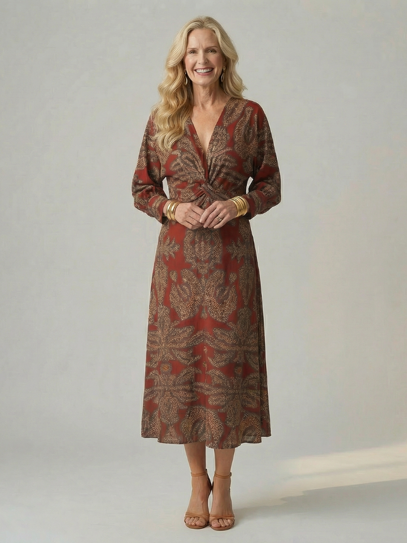 Luna™ | Vestido Midi Cruzado de Manga Larga con Estampado Natural
