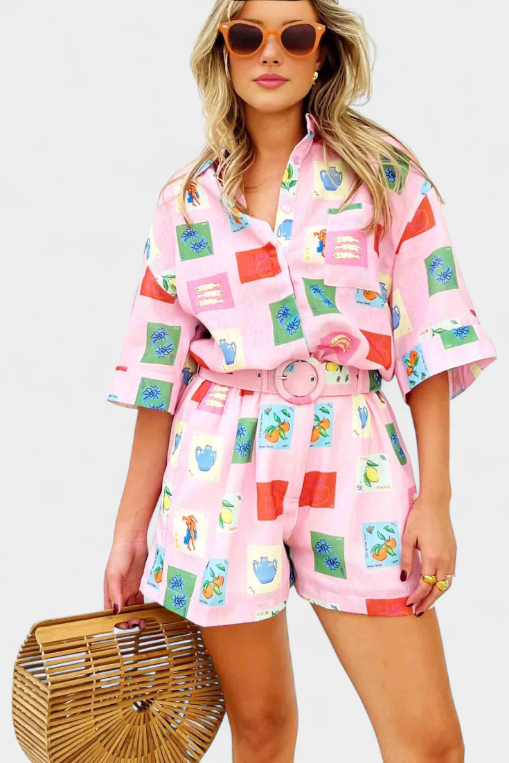 Mariluz Conjunto de Camisa y Shorts con Estampado Rosa