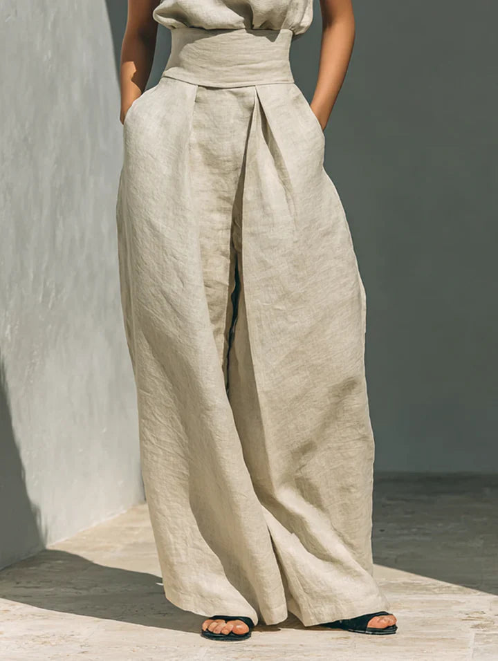 Flor™ | Conjunto minimalista de blusa sin mangas y pantalón de pernera ancha en algodón y lino para mujer
