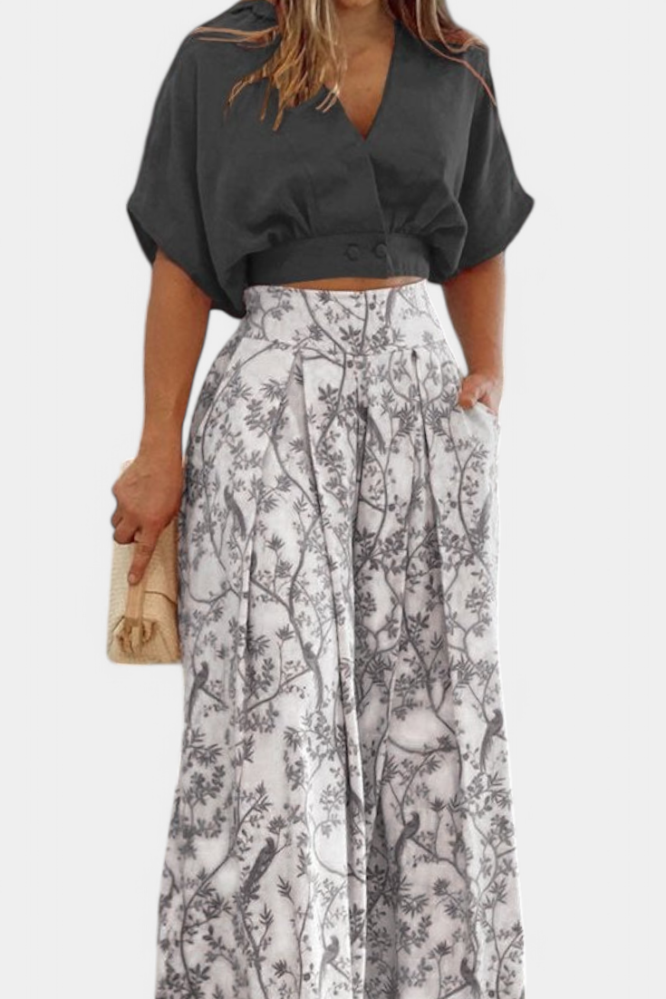 Olivia Conjunto Boho de Cuello en V y Pierna Ancha