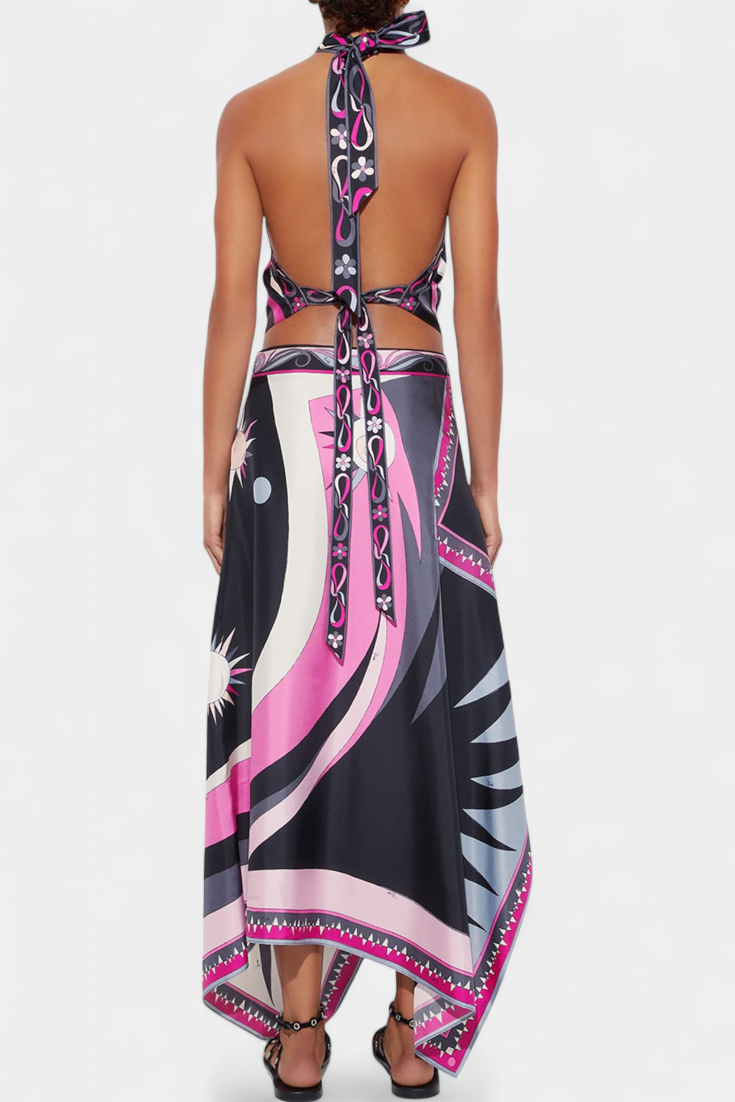 Ciana Conjunto Satén con Falda Abstracta y Top Halter
