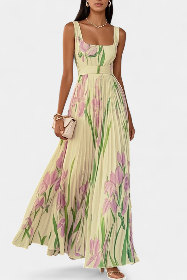 Calanthe Vestido Largo Plisado con Estampado Floral y Escote Cuadrado