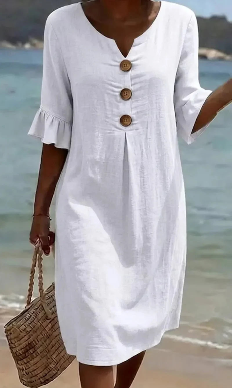 Vanesa™ | Vestido con textura de lino con manga abullonada y botones