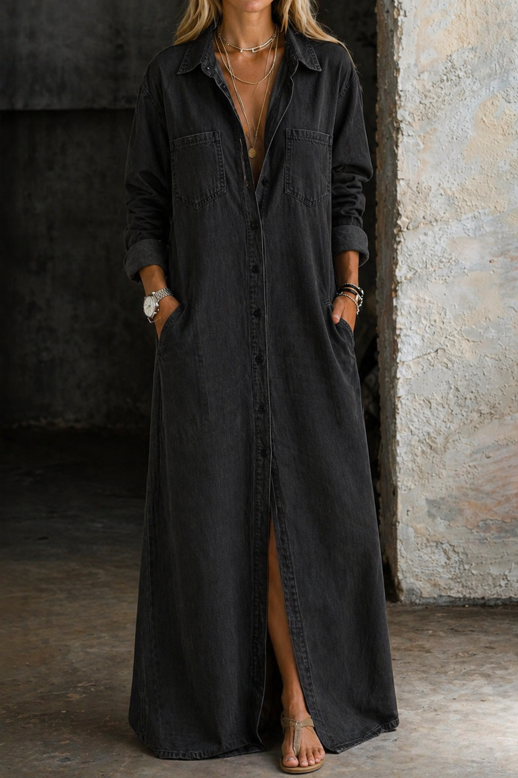Valeriana™ | Vestido maxi chemise con botonadura y fenda