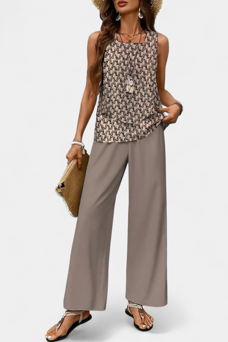 Martina Conjunto Boho Elegante Sin Mangas con Pantalón Recto Estampado
