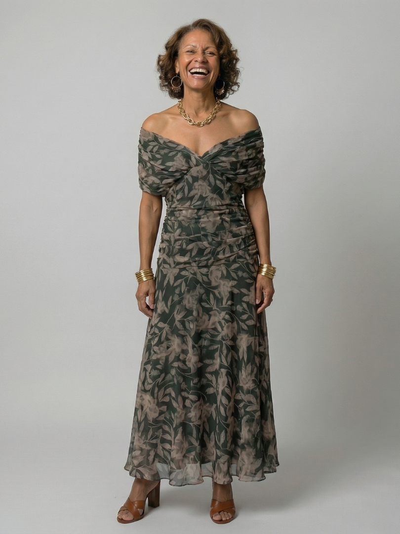 Calena™ | Vestido Midi Off-Shoulder con Escote Drapeado
