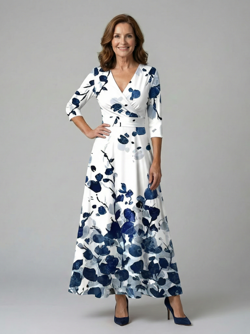 Celeste™ | Vestido Midi Floral con Escote Cruzado y Manga Tres Cuartos