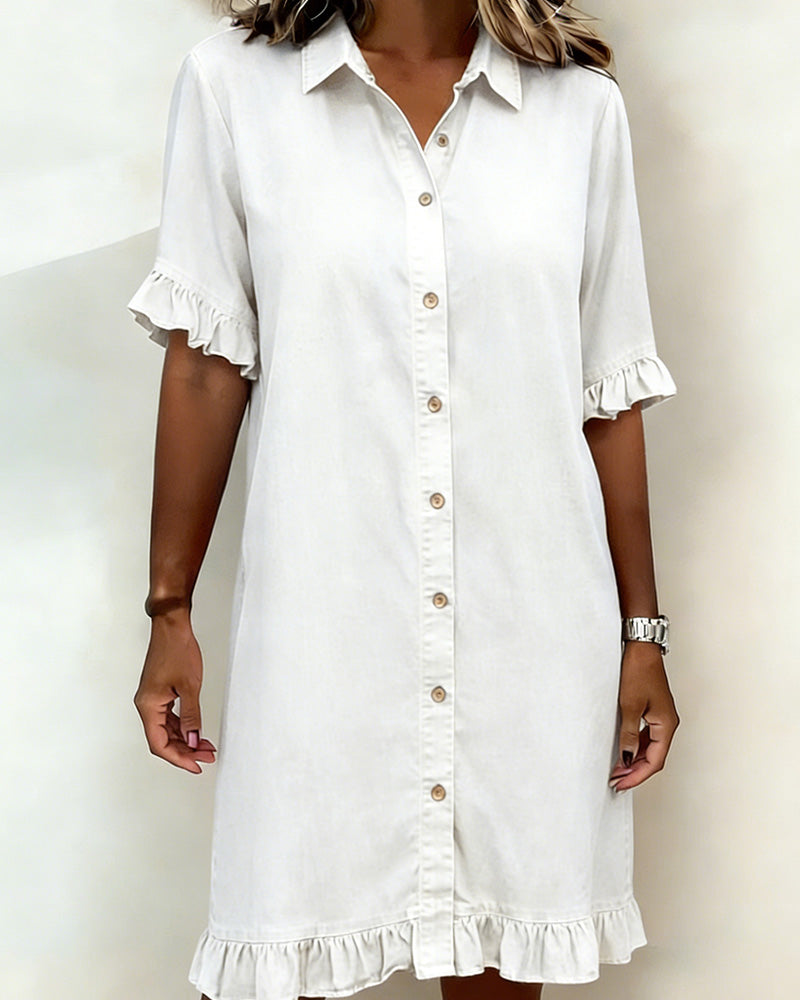 Lucía™ | Vestido Camisero Denim con Volantes