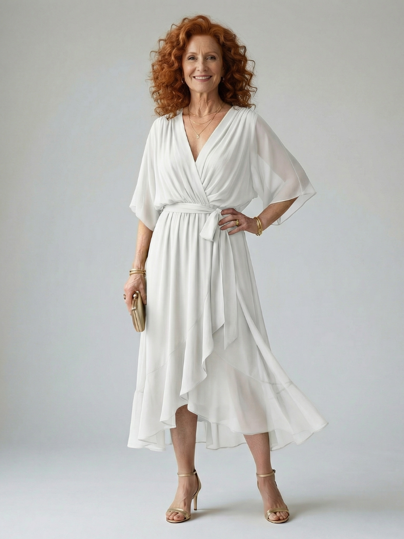 Elvira™ | Vestido Midi Drapeado con Cinturón y Manga Codo