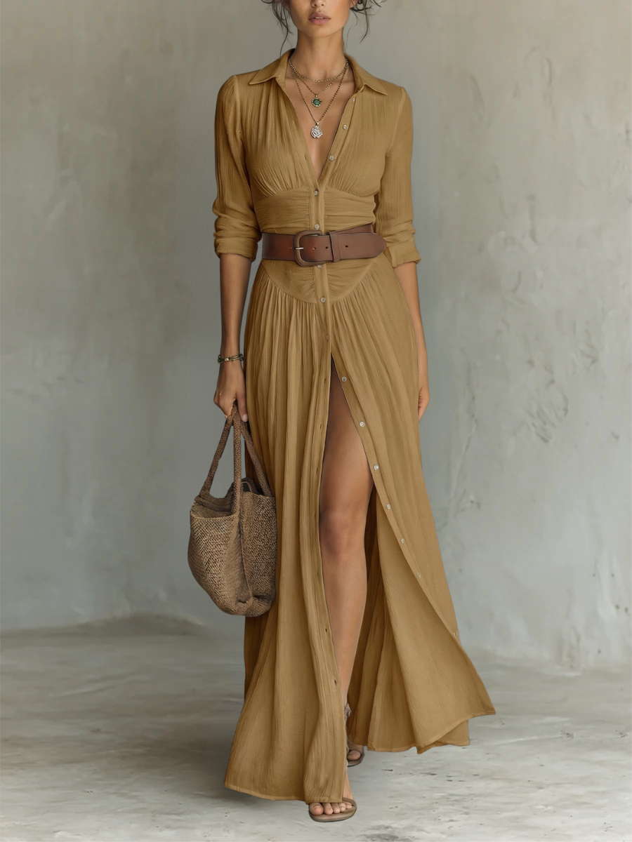 ELENA™ | VESTIDO MAXI LARGO DE LINO CON MANGAS LARGAS