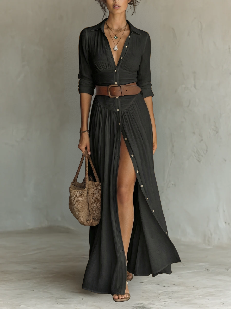 ELENA™ | VESTIDO MAXI LARGO DE LINO CON MANGAS LARGAS