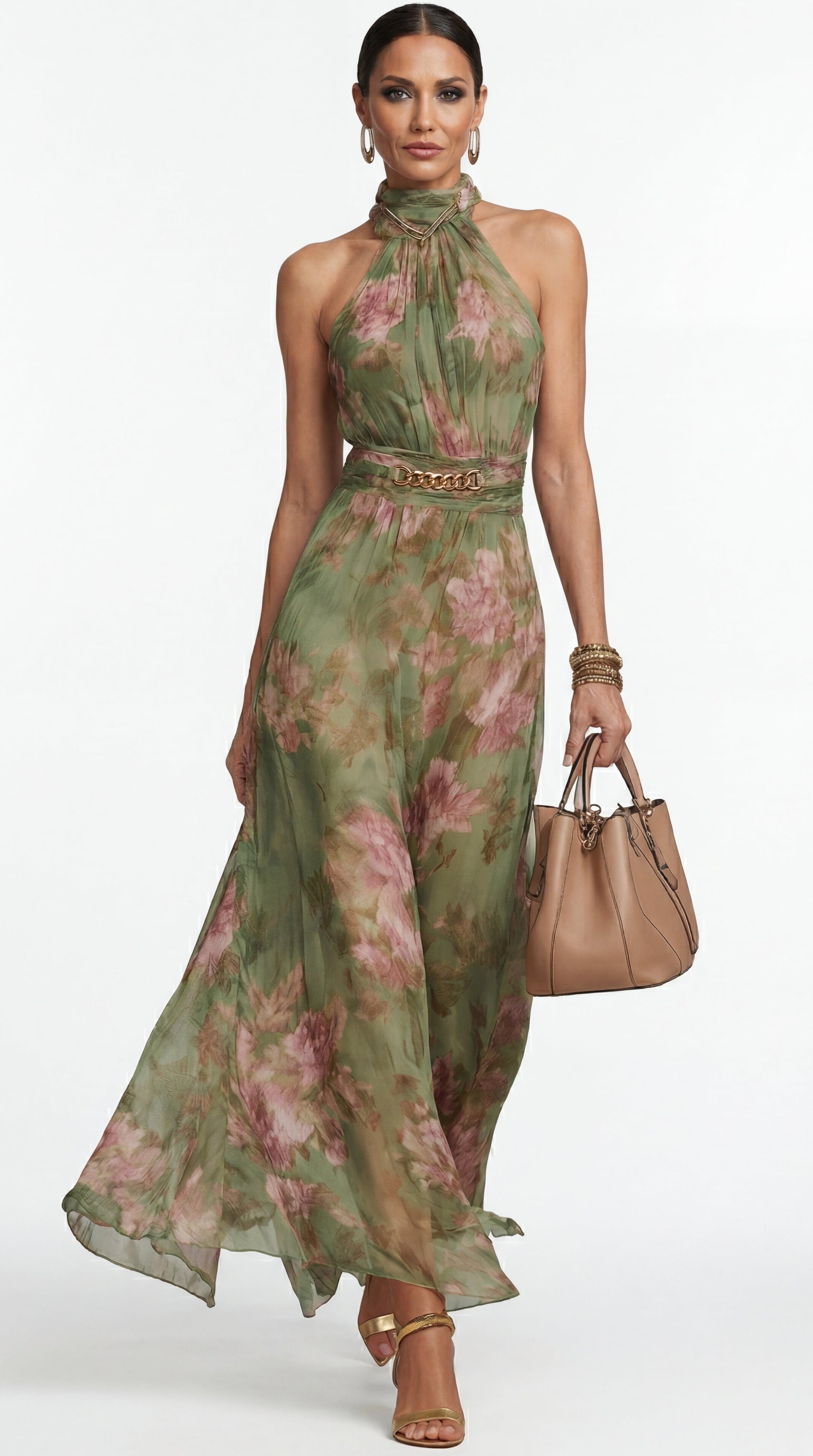 Livia | Vestido maxi halter floral elegante