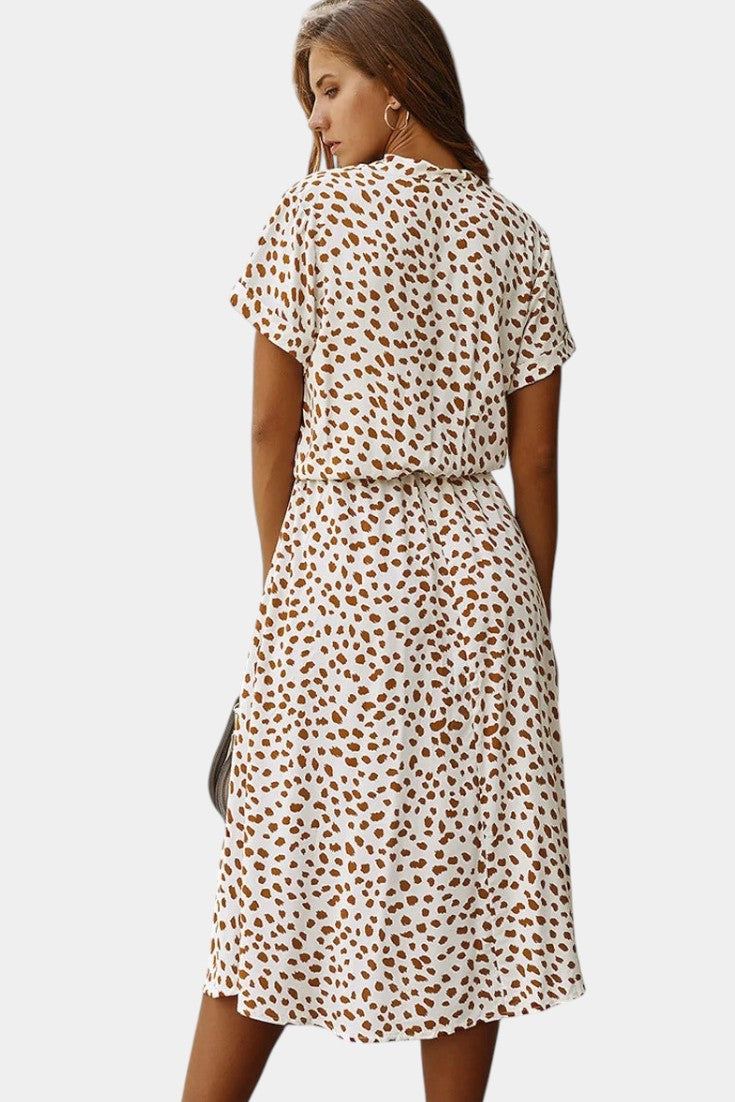 Rovena Vestido Midi de Lunares con Cuello Camisero y Cintura Ajustable