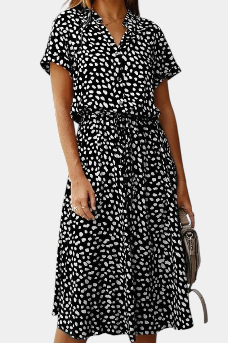 Rovena Vestido Midi de Lunares con Cuello Camisero y Cintura Ajustable