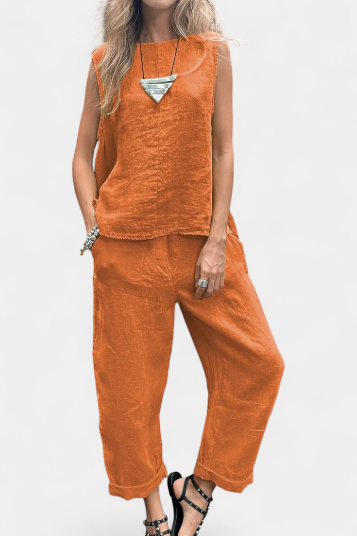 Leona Conjunto de Chaleco y Pantalón Sin Mangas en Algodón Lino