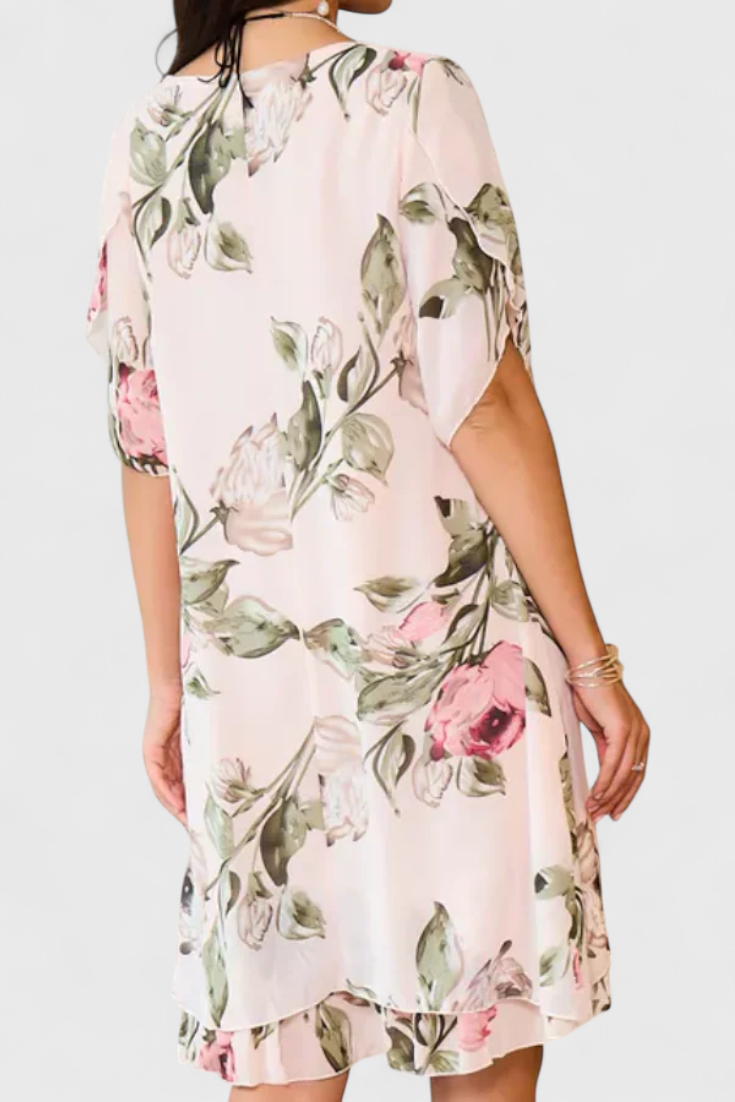 Tameka Vestido de Gasa Fluida con Pétalos y Mangas Transparentes