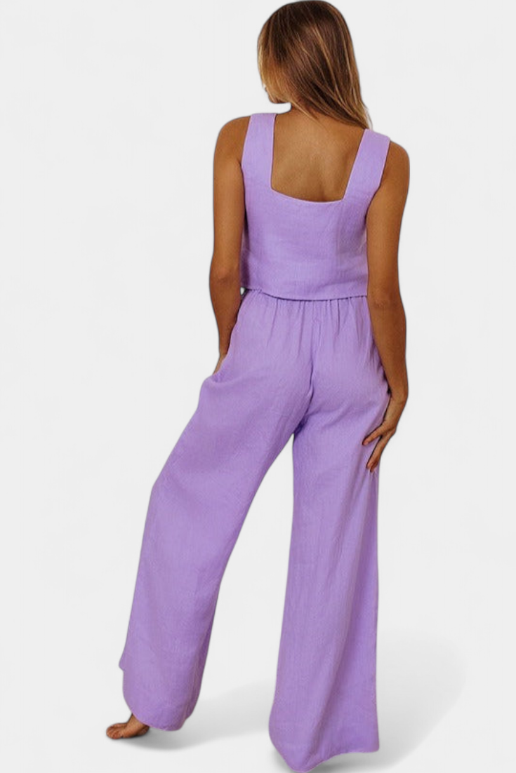 Pascuala Conjunto de Lino de Dos Piezas con Blusa sin Mangas y Pantalón Fluido