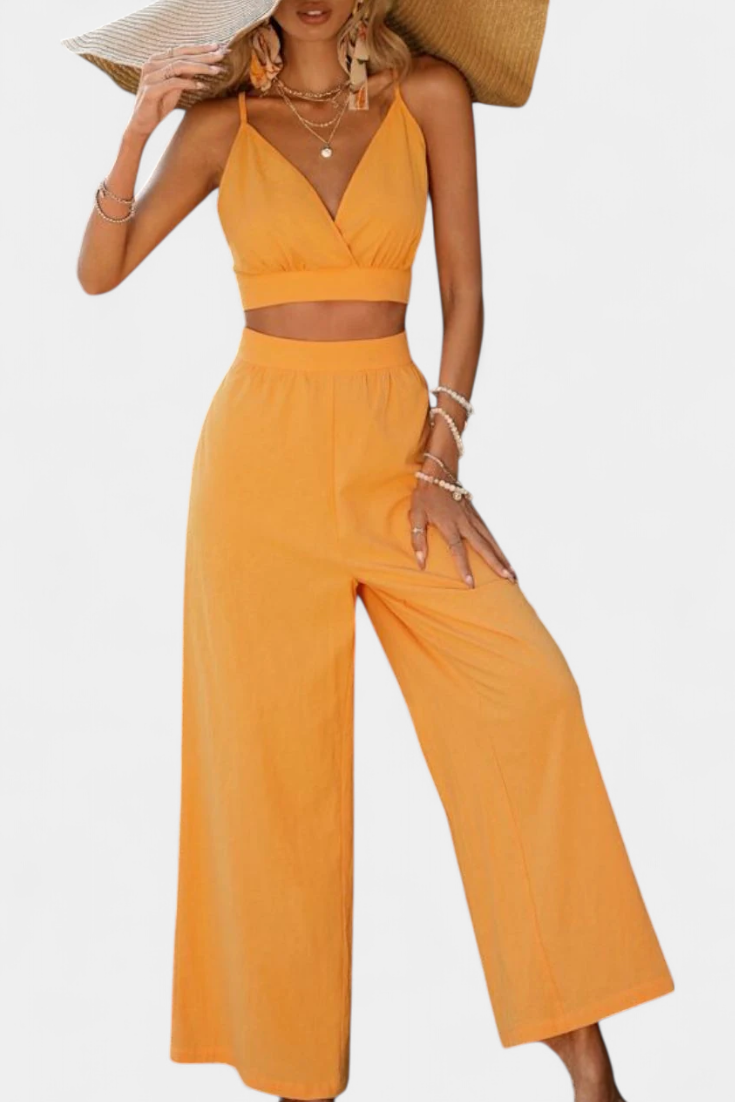 Valentina Conjunto de Chaleco de Encaje de Espalda Abierta y Pantalones Anchos