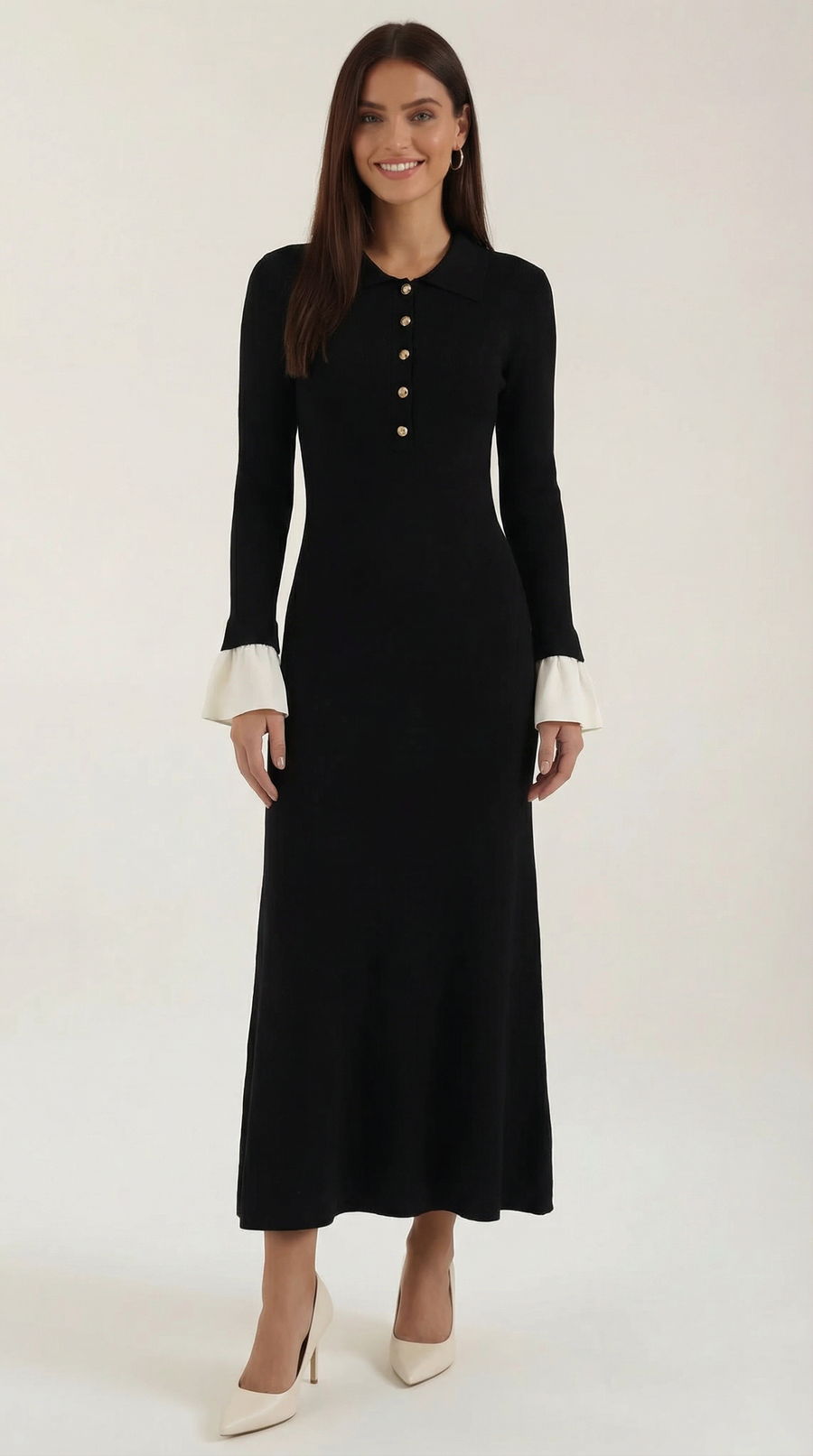 Vestido Maxi de Punto Charlotte con Puños de Color Contrastante